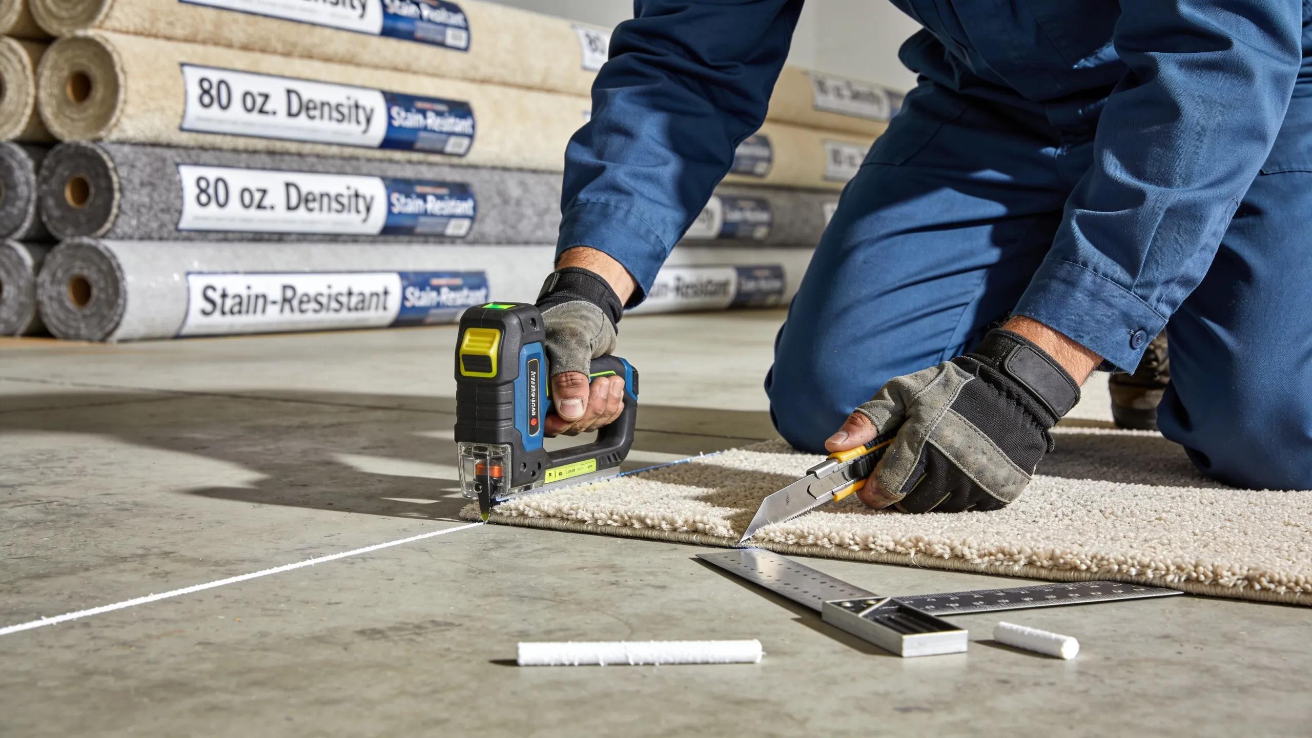 Professional carpet installer measuring floor area in preparation for installation