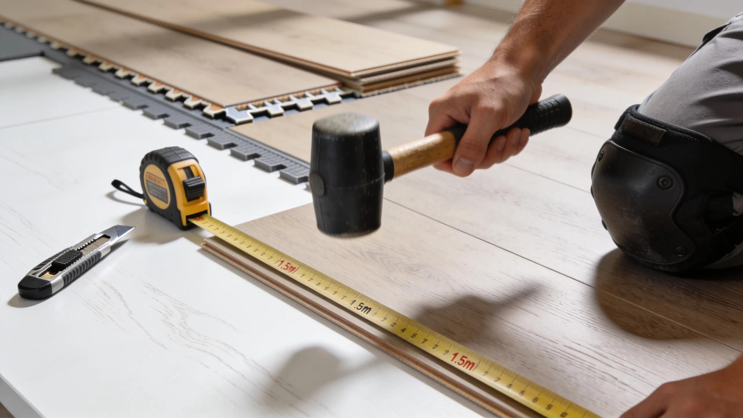 Essential tools and materials for hybrid flooring installation displayed on a workspace