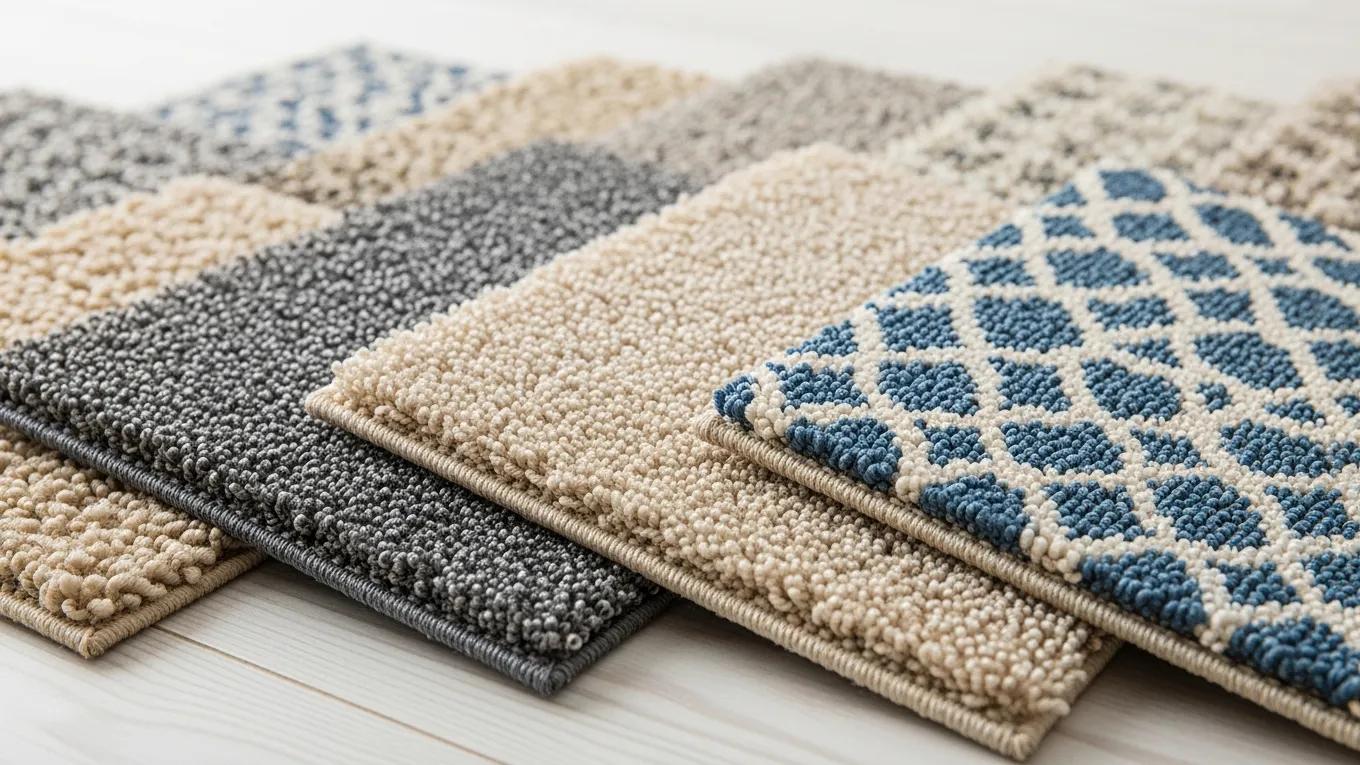 Close-up of carpet samples including nylon, polyester, and loop pile types