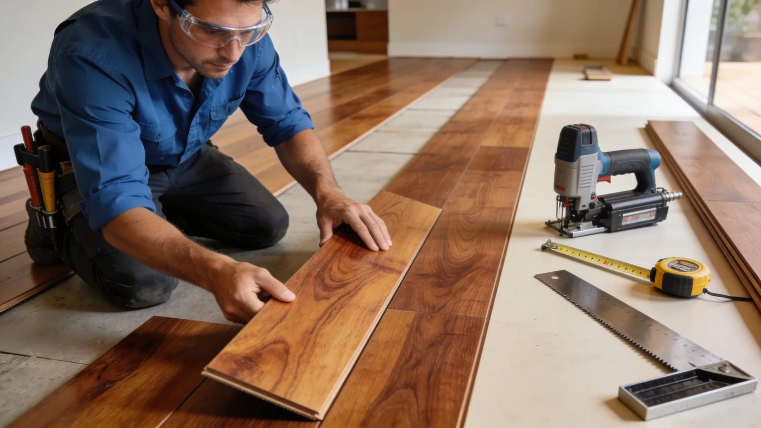Professional installer demonstrating meticulous attention during timber flooring installation