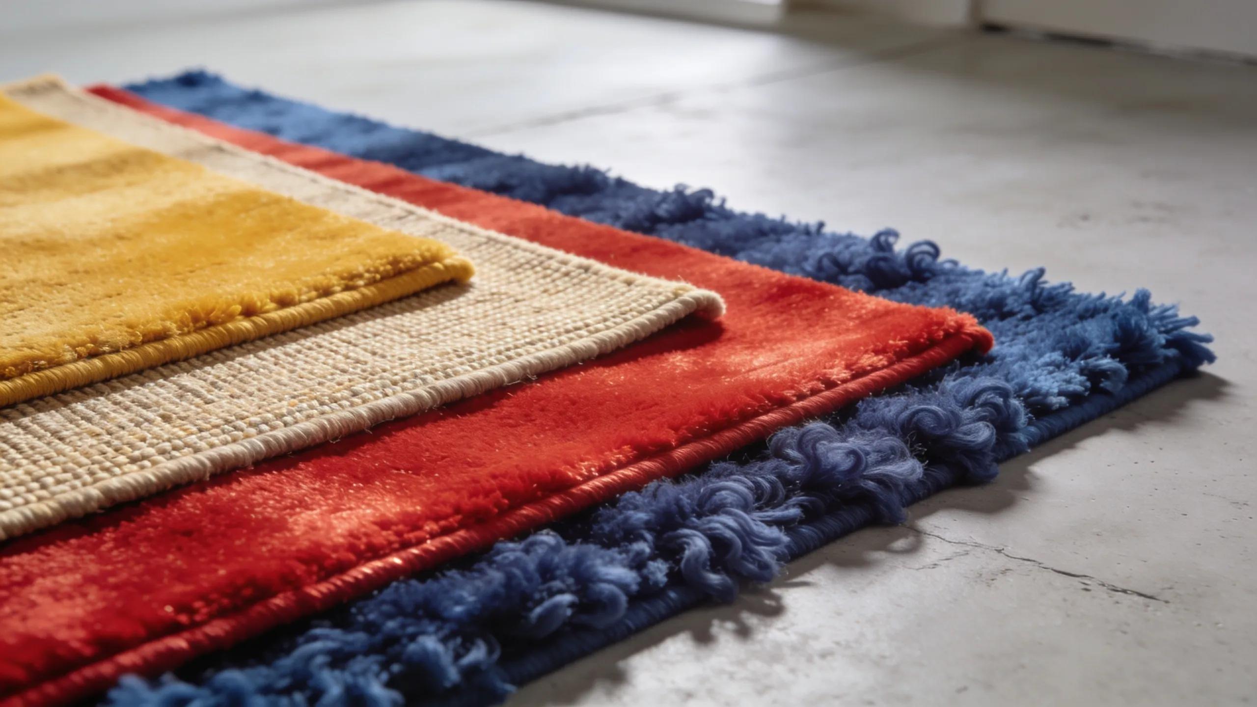 Variety of carpet types displayed artistically, including nylon, wool, and polypropylene