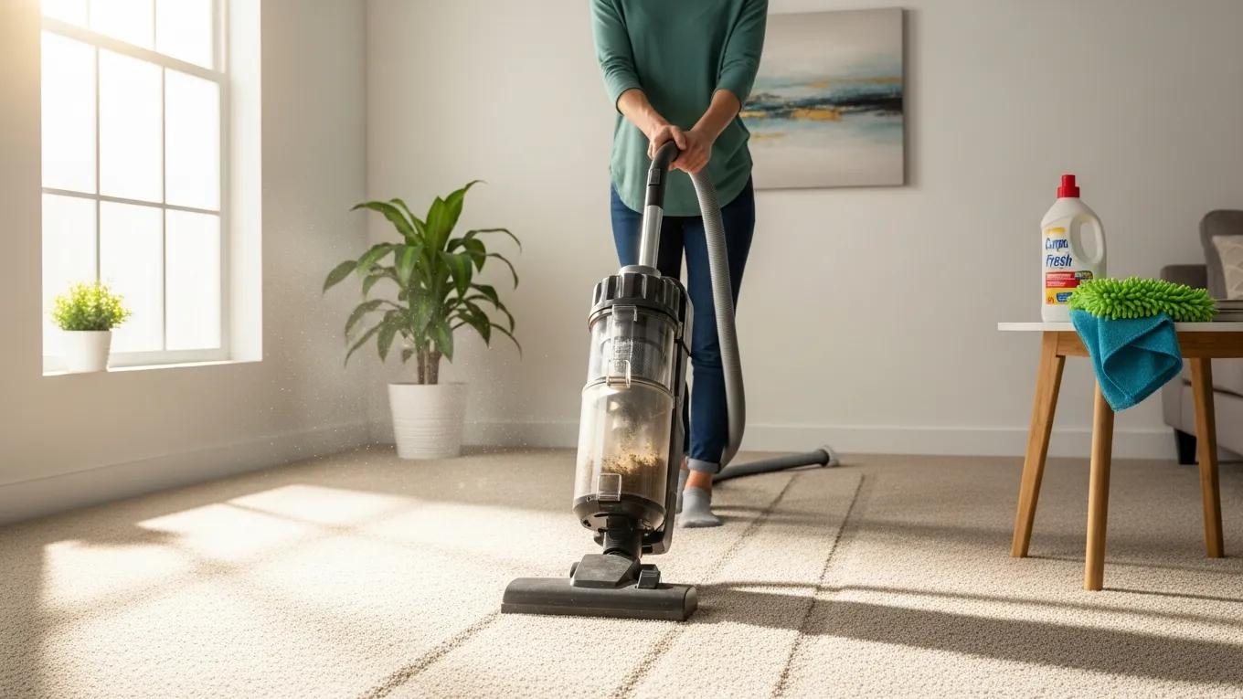 Person vacuuming a well-maintained carpet illustrating ease of maintenance