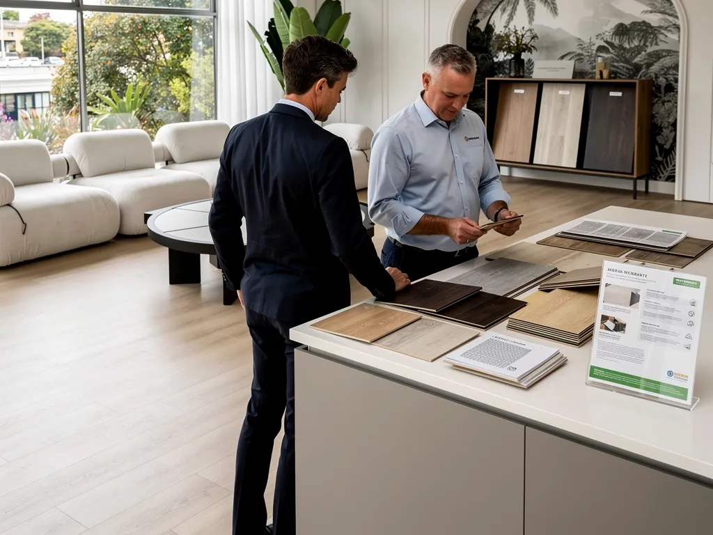 Sydney homeowner reviewing vinyl flooring cost options and installation quotes with a Royal Floors specialist