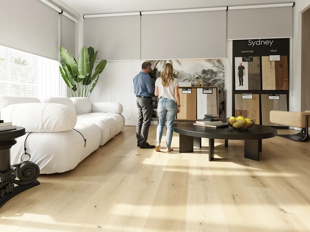 Royal Floors consultant helping Sydney homeowners select sustainable flooring options in showroom