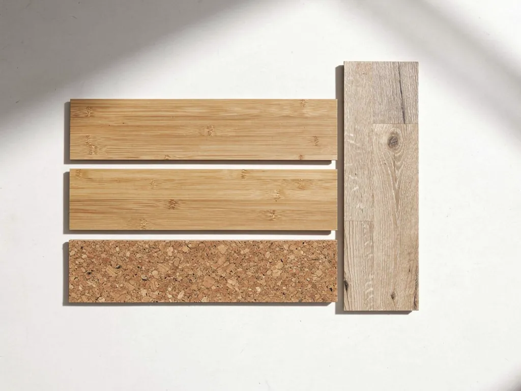 Sustainable flooring samples including bamboo, cork, and recycled timber for Sydney homes