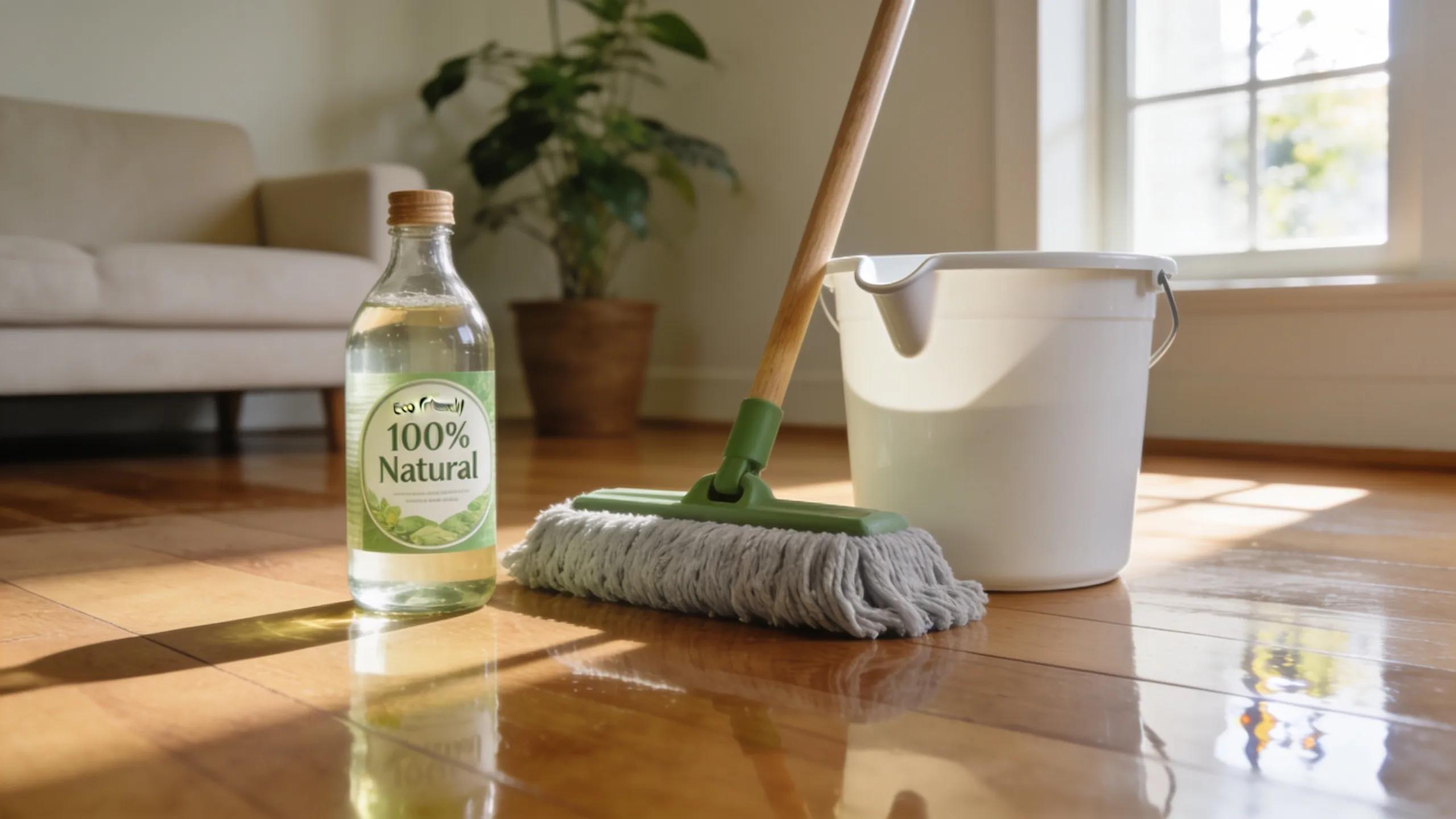 Eco-friendly cleaning products and tools for maintaining polished hardwood floors in a cozy environment