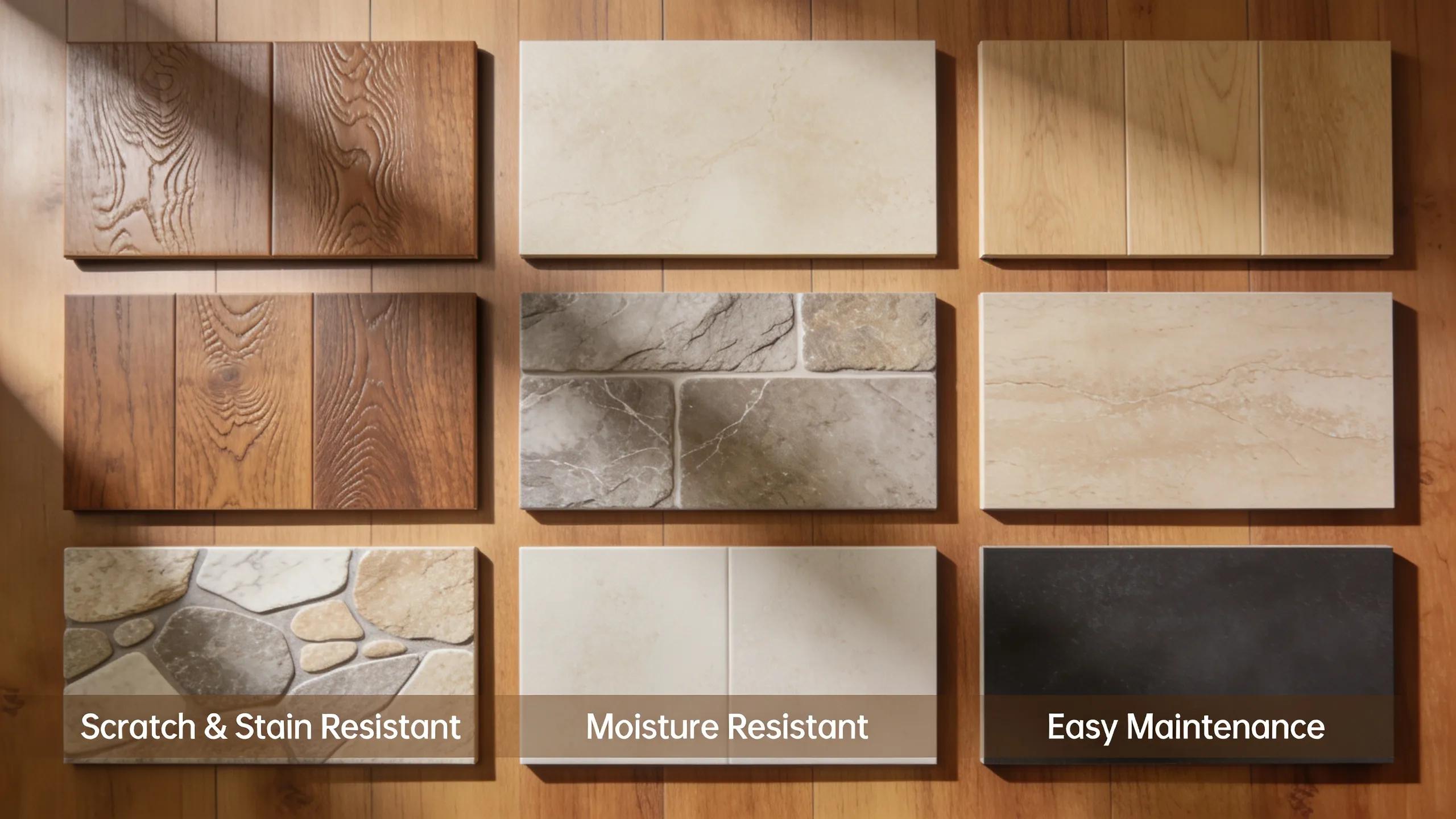 Samples of durable laminate flooring demonstrating scratch resistance, moisture resistance, and low maintenance