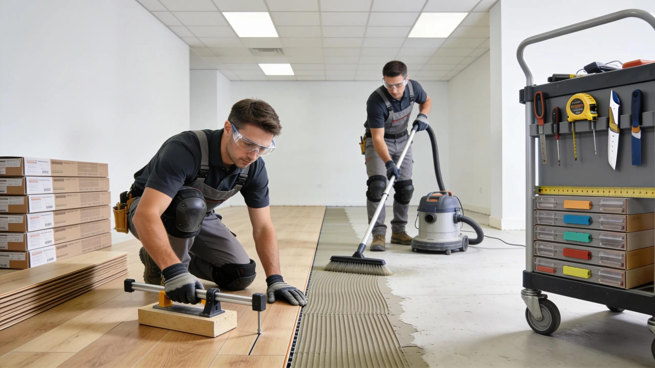 Professional installers executing laminate flooring installation, ensuring precision and quality performance