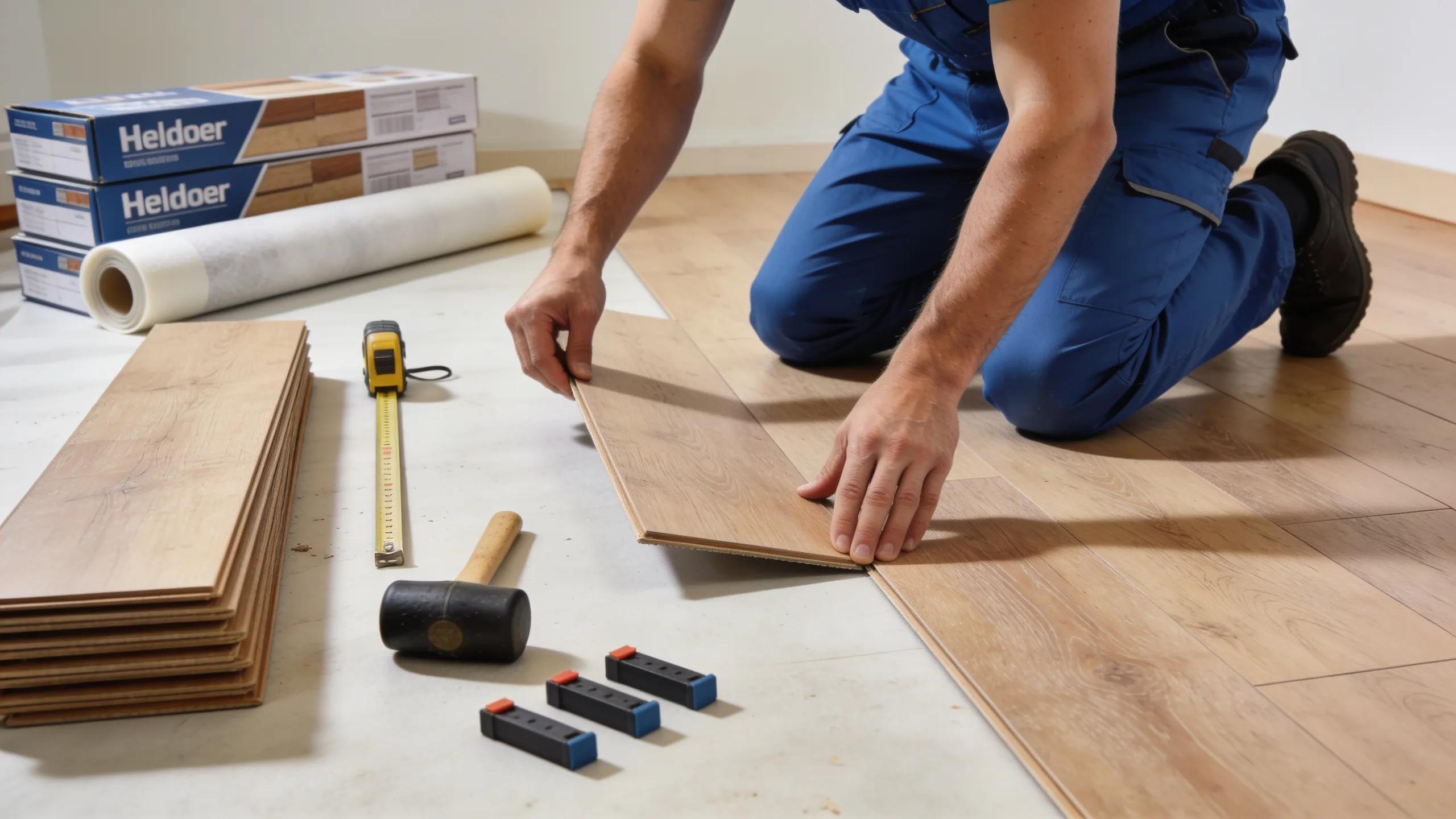 Professional installer laying hybrid flooring planks with tools and materials in a contemporary home setting