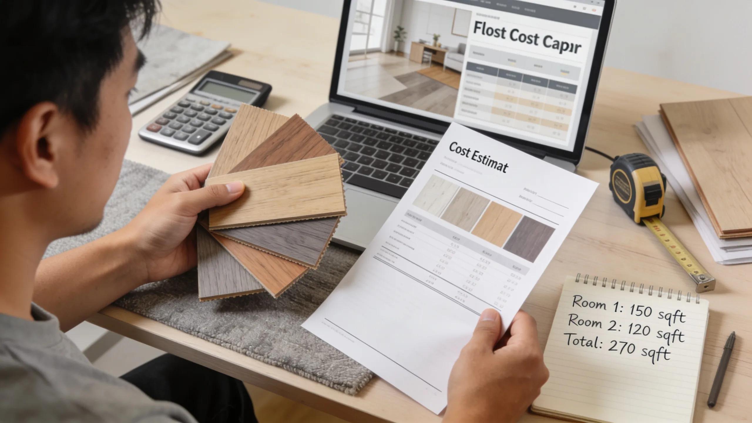 Budgeting for hybrid flooring installation with materials and cost estimates displayed in a home office setting
