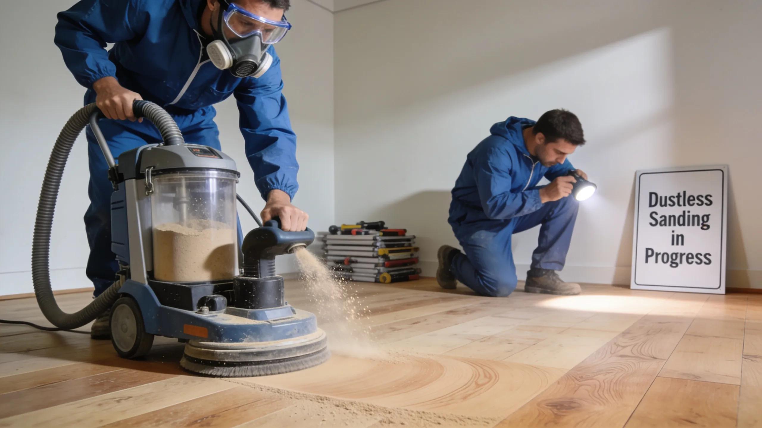 Professional using dustless sanding equipment on hardwood floors, maintaining a clean environment