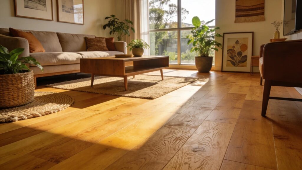 Hybrid vs engineered timber flooring in a light-filled Australian living room
