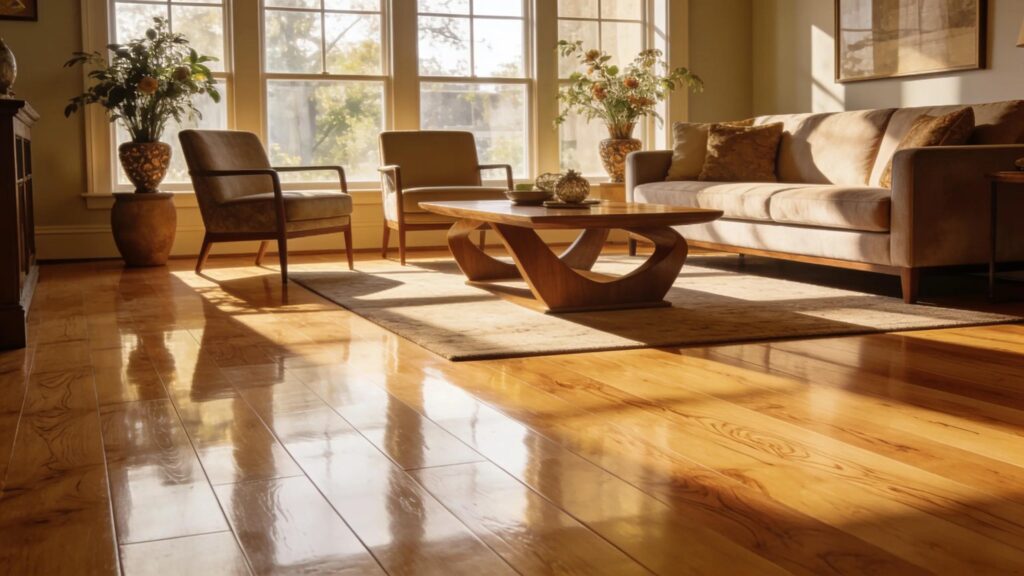Polished timber floor in a living room after sanding and polishing
