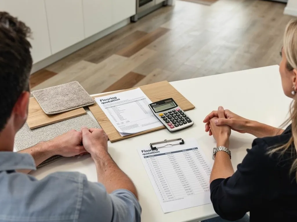 Homeowner reviewing a flooring installation cost estimate with a consultant