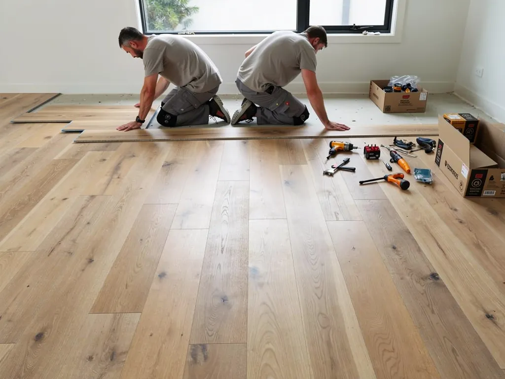 Professional flooring installation crew working in a Sydney home