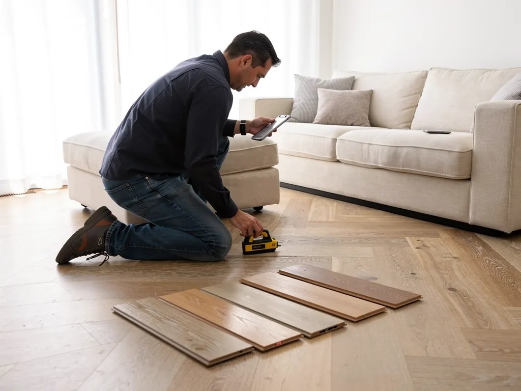 Flooring specialist measuring a Sydney living room for a free quote