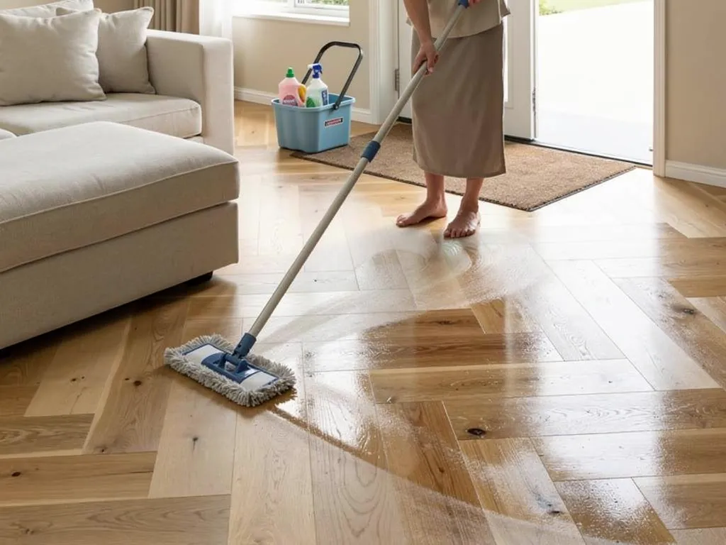 Homeowner cleaning and maintaining timber flooring in a Sydney home
