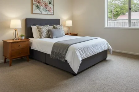 Cozy bedroom featuring soft residential carpet, a stylish bed with decorative pillows, bedside tables with lamps, and a window allowing natural light, illustrating comfort and warmth in home interiors.