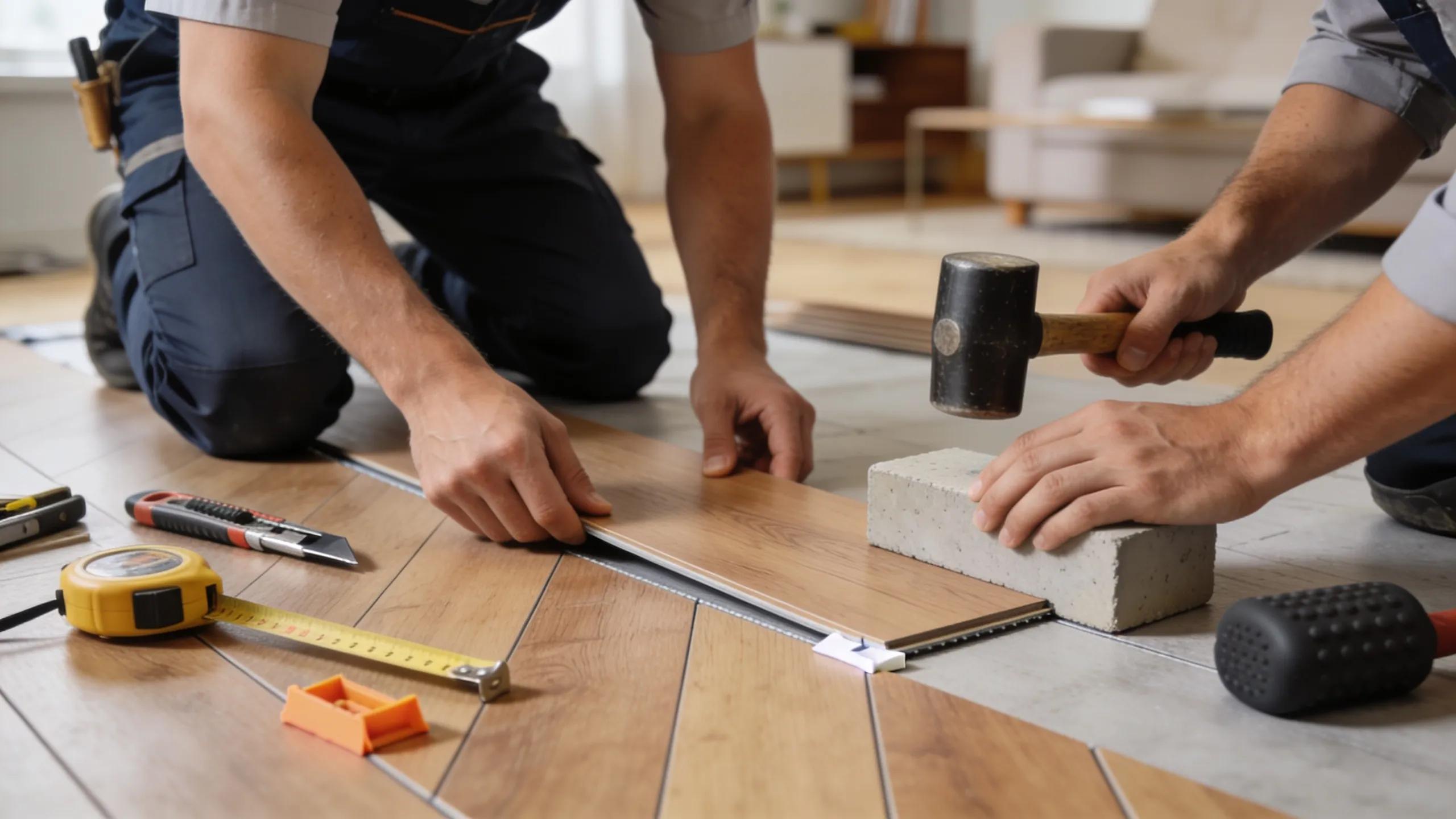 Professionals installing waterproof hybrid flooring demonstrating quality expertise and attention to detail