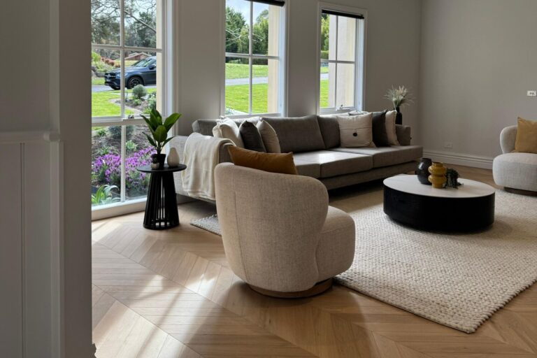 Royal Floors European Oak chevron timber flooring in Mellow Beige, room scene
