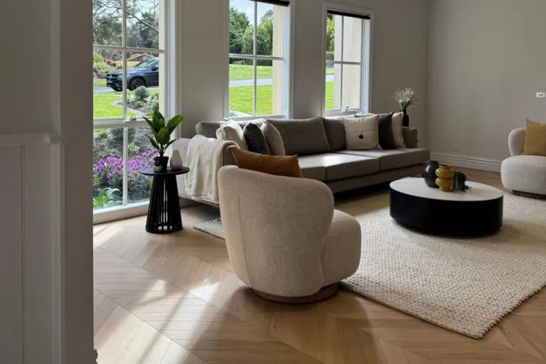 Royal Floors European Oak chevron timber flooring in Mellow Beige, room scene
