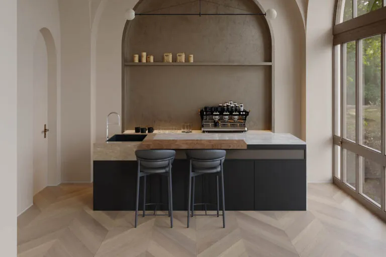 Royal Floors European Oak chevron timber flooring in Terrace Grey, room scene